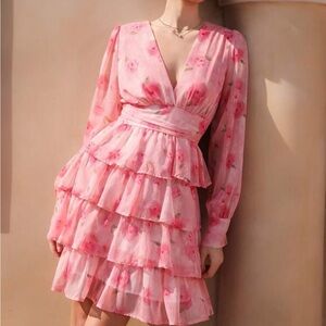 Elegant Pink Floral Long Sleeve Dress